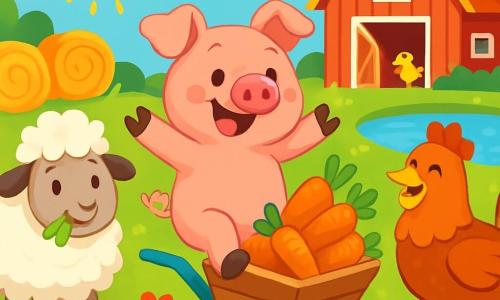 Un cochon rose et souriant, Gustave, se tient au centre de la scène, prêt à sauter dans une brouette pleine de carottes. À sa droite, Paulette, une poule rousse, l'observe avec amusement, tandis qu'à gauche, Marcel, un mouton blanc, mâchonne de l'herbe avec un sourire. La scène se déroule à la Ferme Rigolote, ensoleillée et colorée, avec une grange rouge en arrière-plan. Gustave s'élance joyeusement, encouragé par les autres animaux, créant une atmosphère de joie et de camaraderie.