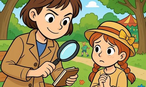 Léna, une jeune détective aux cheveux bruns, tient une loupe et un carnet marron. Elle observe une tache rouge sur une table en bois avec un regard déterminé et un léger sourire. À ses côtés, Zoé, une petite fille rousse de 8 ans avec un chapeau à ruban doré, semble nerveuse en regardant Léna avec espoir. Le parc des Platanes est verdoyant, avec de grands arbres, des bancs en bois et des fleurs colorées. Au loin, un chat se prélasse pendant que des enfants jouent près d'un stand de kermesse. Léna enquête sur la tache rouge, tandis que Zoé, anxieuse, lui parle de sa surprise pour la kermesse.