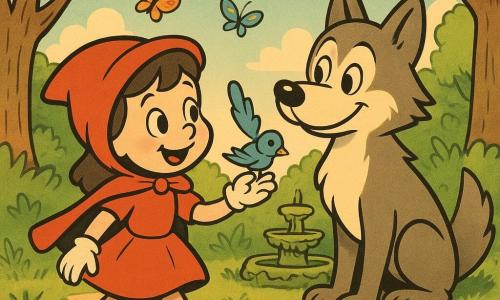 Le Petit Chaperon Rouge, une fillette joyeuse avec une cape rouge vif et des yeux pétillants, marche avec curiosité sur un sentier de forêt. À ses côtés, un Loup aux yeux sages et au pelage doux, se tient calmement, observant la fillette avec bienveillance. Ils sont entourés d'une clairière lumineuse, où des papillons colorés dansent autour d'une vieille fontaine moussue. Le sentier est parsemé de petites pierres rouges brillantes, et des arbres majestueux encadrent la scène, leurs feuilles chuchotant au vent. La situation principale montre le Petit Chaperon Rouge en train de tendre une plume à une mésange, un sourire émerveillé sur son visage, tandis que le Loup observe avec un air approbateur.