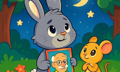 Léon, un jeune lapin à la fourrure grise et aux oreilles blanches, se tient au centre de la clairière, regardant le ciel étoilé avec un sourire mélancolique, tenant un dessin de son grand-père. À ses côtés, Lili, une petite souris dorée, l'observe avec empathie, prête à l'encourager. La clairière, entourée d'arbres majestueux et de fleurs colorées, est illuminée par la lune. Léon et Lili se rassemblent avec d'autres animaux pour se souvenir du grand-père de Léon, partageant des histoires et des rires sous les étoiles, créant un moment de réconfort et de célébration.