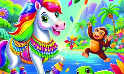 Un cheval nommé Pépito, avec une crinière multicolore et un sourire joyeux, danse dans une jungle vibrante, tandis qu'une tortue nommée Tina applaudit et qu'un singe nommé Bernard rit en essayant d'attraper des morceaux de carotte. En arrière-plan, un éléphant nommé Gérald utilise sa trompe pour faire tomber des feuilles. La scène se déroule près d'une rivière scintillante, entourée de plantes tropicales et de fleurs colorées, où tous les animaux se rassemblent autour d'une énorme carotte, célébrant la joie et l'amitié dans une danse animée.