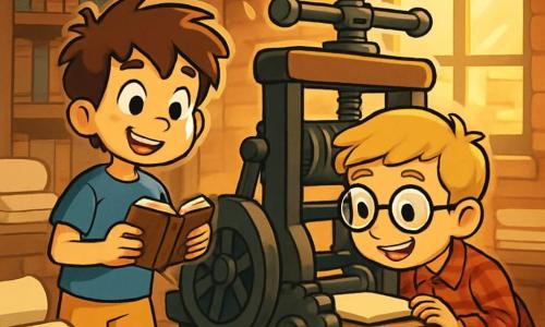 Léo et Max, deux garçons de 9 ans, explorent une vieille imprimerie. Léo a des cheveux bruns en bataille, porte un t-shirt bleu et un short jaune, tandis que Max a des cheveux blonds, des lunettes rondes, une chemise à carreaux rouge et un pantalon beige. Ils découvrent la magie de l'imprimerie, entourés de livres anciens et d'une grande presse en bois. Leur projet de collecte de témoignages les plonge dans l'excitation, illuminée par des éclats de lumière.