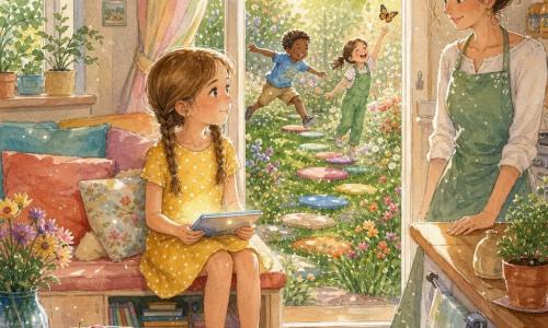Une fillette de 8 ans, joyeuse mais pensive, cheveux châtain clair en deux nattes, vêtue d'une robe jaune à pois blancs et de baskets rouges, tient une tablette sur les genoux et regarde vers le jardin ; sa mère d'environ 35 ans, souriante et rassurante, cheveux bruns en chignon et tablier vert, se tient dans la cuisine derrière elle, main posée sur la table, regard bienveillant ; dehors, deux amis d'environ 8 ans (un garçon en t‑shirt bleu sautant sur des pierres peintes et une fille en salopette verte attrapant un papillon) rient à quelques mètres de la fenêtre ; la scène se déroule dans un salon lumineux ouvrant sur un jardin fleuri, lumière chaude du matin, rideaux pastel, coussins colorés, plantes sur le rebord et une table basse avec un bol de fruits ; situation principale : la fillette hésite entre la tablette et rejoindre ses amis, composition centrée sur elle au seuil entre intérieur calme et jardin vivant, palette aquarelle douce avec accents blancs sur reflets et fleurs.