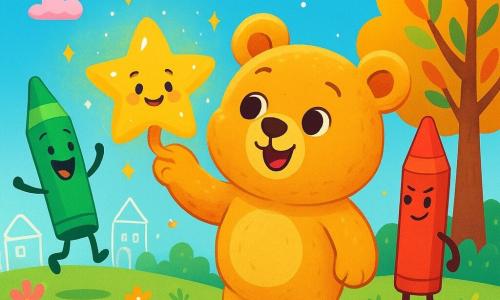 Un ours en peluche nommé Miel-Oui, aux poils doux et dorés, sourit en touchant une étoile brillante qui danse dans sa patte. L'étoile, scintillante, semble heureuse. Autour d'eux, un crayon vert joyeux fait des sauts, tandis qu'un crayon rouge, amusé, raconte une blague à un arbre aux feuilles colorées qui applaudissent. Le décor est un parc enchanté avec des maisons dessinées à la craie et des fleurs colorées sous un ciel bleu avec des nuages en forme de bonbons. La scène montre Miel-Oui touchant l'étoile collée à un nuage rose, entouré de paillettes, créant une atmosphère magique et joyeuse.