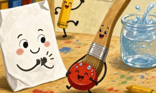 Pinceau, un pinceau en bois au visage souriant, penche vers l’avant et tient délicatement Petit Bouchon, une petite capsule rouge mouillée qui rit ; Feuille, une grande feuille blanche malicieuse à gauche, applaudit doucement pendant que Crayon, un crayon jaune, danse sur une jambe à l’arrière-plan ; la scène se déroule sur une table d’atelier tachée de peinture avec un pot d’eau bouillonnant : Pinceau a suivi une trace rouge jusqu’au pot et vient de récupérer Petit Bouchon, tout le monde est ravi.