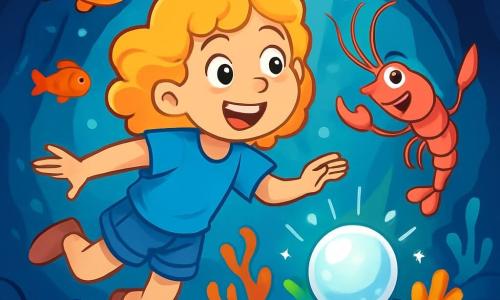 Zoé, une fille de 10 ans aux cheveux blonds et bouclés, porte un t-shirt bleu et un short en jean. Elle nage avec enthousiasme dans une grotte sous-marine illuminée, entourée de poissons multicolores. À ses côtés, Rubis, une petite crevette géante à la carapace rose, lui fait signe. La grotte est magique, avec des coraux fluorescents et une lumière argentée autour de la Perle d’Argent. Zoé, émerveillée, découvre la grotte et se prépare à résoudre l'énigme du labyrinthe bleu pour sauver le Royaume de Coralina.