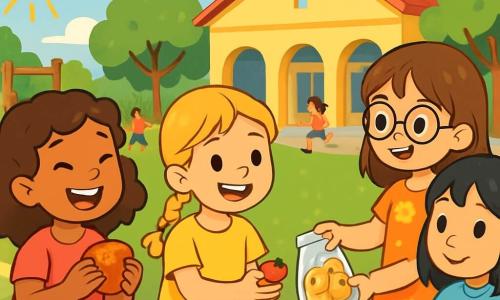 Quatre enfants sont réunis : Jade, 8 ans, cheveux bruns et bouclés, sourit en tenant une brioche au chocolat ; Maëlle, 8 ans, cheveux blonds tressés, partage des fraises sur un banc ; Lila, 8 ans, cheveux châtains et lunettes rondes, tend un sachet de biscuits à Emma ; Emma, 8 ans, cheveux noirs et lisses, assise sur le banc, tient une petite pomme avec un regard timide mais heureux. La scène se déroule dans la cour de récréation d'une école, avec des arbres, un préau coloré et des jeux en bois, sous un soleil éclatant. Les quatre amies partagent un goûter, riant et s'amusant, créant un moment de complicité et de bonheur.