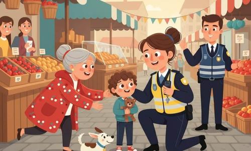 Une policière souriante et bienveillante, cheveux châtain en chignon, gilet jaune fluorescent sur veste bleue, s'agenouille pour rassurer Malo, un garçon de 6 ans aux cheveux bouclés tenant une peluche et commençant à sourire ; Mamie Renée, environ 70 ans en manteau rouge à motifs de cerises, arrive en courant, soulagée, bras ouverts, tandis que Tom, collègue policier la trentaine en gilet bleu, parle dans sa radio en surveillant la scène ; le petit chien blanc Pistache remue la queue au pied de Mamie. Le tout se déroule dans un marché de rue coloré aux étals de fraises et de pains, banderoles et stand de pommes, sol pavé et lumière douce de fin d'après-midi, ambiance chaleureuse et rassurante.