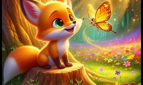 Un petit renard nommé Rémi, avec une fourrure orangée et de grands yeux curieux, est assis sur une souche d'arbre, souriant. Il est entouré de fleurs colorées qui dansent au vent, symbolisant la magie de la forêt. Un papillon doré, Lila, vole autour de lui et se pose sur son museau, partageant un moment de complicité. Le décor est une forêt enchantée, baignée de lumière dorée, avec des arbres majestueux et un champ de fleurs multicolores. En arrière-plan, une cascade scintillante crée une mélodie douce. Rémi découvre le refuge magique des fleurs et respire leur parfum apaisant, tandis que Lila lui explique comment ces merveilles apportent force et joie, illustrant l'espoir et le courage face à la maladie.