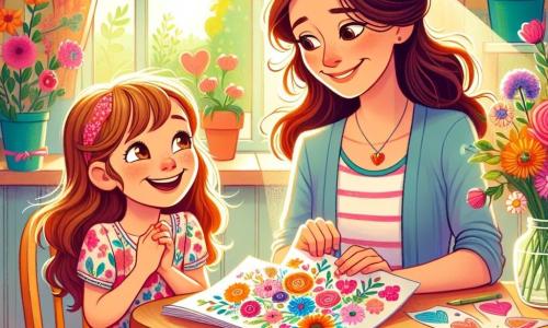 Lila, une petite fille de 6 ans aux longs cheveux bruns et aux yeux pétillants, est assise à une table en bois dans une cuisine lumineuse. Elle porte une robe colorée à fleurs et sourit en tenant un dessin de fleurs et de cœurs, fait pour la fête des mères. À côté d'elle, sa maman, une femme d'environ 30 ans avec des cheveux châtains, est assise sur une chaise, émue par le cadeau. La cuisine est remplie de couleurs vives, avec des rayons de soleil filtrant à travers la fenêtre et un petit vase de fleurs sur la table. Lila présente fièrement son dessin à sa maman, créant un moment tendre et joyeux.
