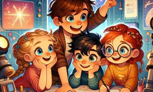 Dans un laboratoire coloré de la Station des Étoiles Brillantes, quatre enfants curieux se tiennent ensemble. Léo, cinq ans, avec des cheveux bruns en désordre, pointe une lumière mystérieuse à travers un hublot. À côté, Emma, aux cheveux blonds tressés, regarde avec émerveillement. Lucas, aux lunettes rondes et cheveux noirs, tient un livre d'histoires, tandis que Mia, aux cheveux roux et taches de rousseur, dessine. Le laboratoire est rempli d'écrans lumineux et d'instruments scientifiques étranges. Les enfants déchiffrent un message d'une lumière clignotante dans le ciel, se demandant si c'est une invitation d'extraterrestres amicaux, dans une atmosphère d'excitation et de curiosité.