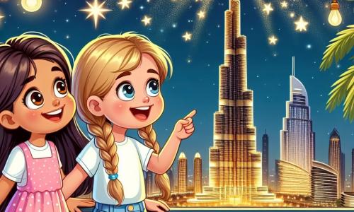 Deux filles de six ans, Luna et Mia, se tiennent sur un balcon, émerveillées par les lumières scintillantes de Dubaï. Luna a de longs cheveux bruns et porte une robe rose à pois blancs, tandis que Mia a des cheveux blonds en tresses avec un t-shirt jaune et un short en jean. En arrière-plan, la tour Burj Khalifa s'élève, illuminée par des lumières dorées, sous un ciel bleu étoilé. Elles partagent un moment de joie, fascinées par le spectacle magique.