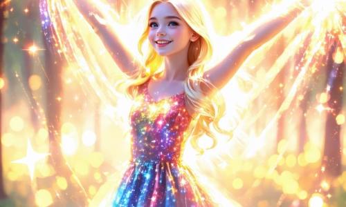 Lili Luminelle est une jeune femme aux longs cheveux blonds, portant une robe colorée qui scintille. Elle a des yeux bleus pleins de détermination et un sourire chaleureux. Elle se tient dans un parc illuminé, levant les bras vers le ciel, créant des formes lumineuses autour d'elle, pleine de joie. À ses côtés, Clara, une petite fille de 8 ans avec des cheveux frisés, admire Lili en sautillant, tandis qu'un hibou sage, Maître Plume, les observe. Le parc est vibrant de couleurs, avec des arbres majestueux, des fleurs multicolores et une ambiance festive. Lili utilise ses pouvoirs pour créer des éclats de lumière, apportant joie et espoir aux habitants de Lumièreville, avec Clara et Maître Plume à ses côtés pour célébrer la victoire de la lumière sur l'obscurité.
