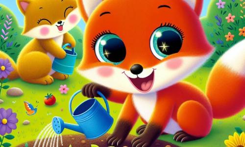 Un petit renard roux nommé Félix, avec de grands yeux pétillants et un sourire joyeux, plante des graines dans un jardin ensoleillé. Son pelage est brillant et sa queue touffue est levée avec enthousiasme. À côté de lui, sa maman, une renarde au pelage doré, l'observe avec fierté, tenant un arrosoir bleu. Le jardin est rempli de terre fraîche, de petites pousses vertes et de fleurs colorées sous le doux soleil printanier. Des papillons volent autour, ajoutant une touche de magie. Félix et sa maman travaillent ensemble, remplis d'excitation et d'espoir, pour créer un lieu de beauté et de joie.