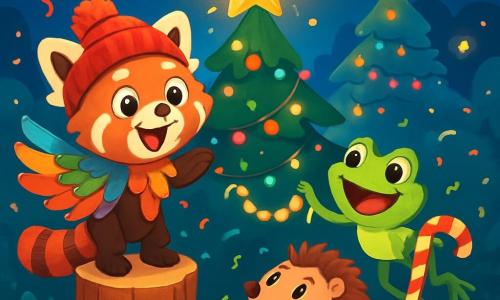 Un petit panda roux nommé Boubou est perché sur une souche en bois, avec un grand sourire. Ses yeux brillent d'excitation et il porte un bonnet rouge et une cape de plumes colorées. À côté de lui, Lili la grenouille, avec sa peau verte et ses grands yeux, saute de joie en tenant une guirlande scintillante. Archibald le hérisson, avec son dos piquant, sourit en tenant une échelle en sucre d'orge. La scène se déroule dans la clairière enchantée de la Forêt du Crépuscule, illuminée par des lucioles et décorée de guirlandes. Au centre se trouve un grand sapin magique surmonté d'une Étoile du Nouvel An. Boubou, Lili et Archibald préparent la fête du Nouvel An, entourés de confettis et de rires, prêts à réaliser un vœu magique.