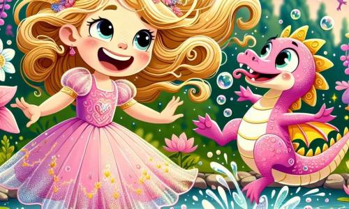 Dans un jardin magique, la princesse Élodie, âgée d'environ 8 ans, avec de longs cheveux dorés et une robe rose scintillante, rit en sautant dans un lac cristallin. À ses côtés, un petit dragon rose, avec des moustaches en bonbon, essaie de s'envoler mais tombe dans l'eau. Le jardin est rempli de fleurs chantantes et de grenouilles dansantes, créant une ambiance joyeuse. Élodie et le dragon sautent ensemble dans le lac, éclaboussant de l'eau, illustrant un moment de bonheur et d'amitié.