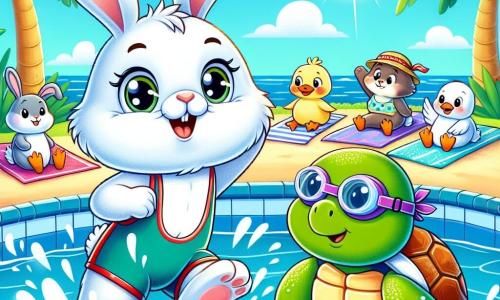 Léon, un petit lapin au pelage blanc et aux grandes oreilles, nage joyeusement dans une piscine bleue, ses yeux pétillants d'excitation. Il éclabousse l'eau en battant des pattes avec énergie. À côté, Mademoiselle Tortue, une tortue sage avec une carapace verte et des lunettes de natation, l'encourage en applaudissant. La piscine est entourée de palmiers et de fleurs colorées sous un ciel ensoleillé, créant une ambiance estivale. Des animaux comme un canard et un hérisson regardent avec admiration. La scène montre Léon prêt à relever le défi de nager le plus vite.