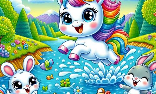 Au centre de l'image, une licorne nommée Lili, avec une crinière arc-en-ciel, saute dans une rivière claire, éclaboussant l'eau. À gauche, Léo le lapin rit en nageant près d'elle. À droite, Mimi la souris fait des bulles d'eau avec un grand sourire. En arrière-plan, une forêt magique avec des arbres verts, des fleurs colorées et un ciel bleu. La scène montre Lili et ses amis jouant joyeusement dans l'eau lors d'une belle journée d'été.