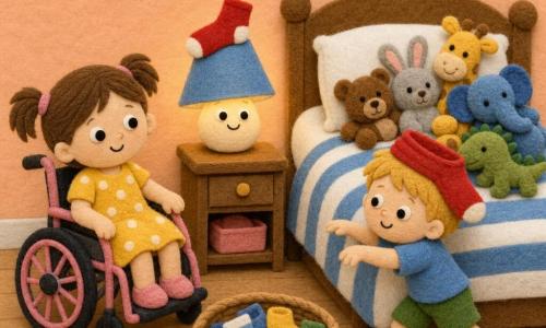 Trois personnages dans une chambre d’enfant en feutrine au sol bois clair : Lila, 3 ans, petite fille en fauteuil rose à roues, cheveux bruns en couette, robe à pois jaunes, assise à gauche du lit et souriante en regardant Tom ; Tom, 3 ans, petit garçon debout à droite du lit, cheveux blonds, chaussette rouge sur la tête, bras en avant comme un crabe, marchant en petits pas vers le lit ; Monsieur Lampe, lampe de chevet ronde à abat-jour bleu portant une chaussette comme chapeau sur la table de nuit entre Lila et le lit, légèrement penchée et brillant doucement. Le grand lit a une couette rayée blanche et bleue, peluches en tas et panier à chaussettes en osier près du fauteuil ; murs couleur pêche avec étoiles en feutrine. Scène calme et drôle du dodo, couleurs douces, formes simples, textures feutrine visibles et expressions accueillantes.