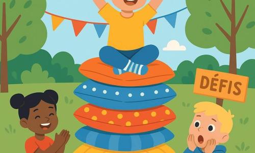 Noé, 6 ans, cheveux châtain clair courts, yeux pétillants, souriant et fier, en t‑shirt jaune et chaussettes rayées, est assis au sommet d’une pile de coussins multicolores, bras levés. En bas à gauche, une fille de 5 ans aux cheveux noirs en deux couettes, en robe rouge, applaudit joyeuse. À droite, un garçon d’environ 7 ans, cheveux blonds en sweat bleu, bouche ouverte et mains sur les joues, regarde surpris. Décor : parc lumineux avec pelouse verte, arbres stylisés, fanions et panneaux colorés « Défis », sol en dalles pastel. Ambiance festive autour de la montagne de coussins ronds et carrés, motifs pois et rayures, couleurs vives.