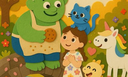 Un ogre rond à la peau vert tendre, sourire timide et tablier mietté, assis sur un vieux pont de pierre couvert de pétales roses, offre un biscuit en comptant des étoiles à Lila, fillette de 7 ans en robe à fleurs et tresses, les mains sur le cœur, tandis que Minou, petit chat bleu duveteux, est blotti sur son épaule et touche le tablier, un petit dragon potelé aux écailles vanille souffle une bulle en forme de cœur derrière le pont et une licorne blanche aux crins arc‑en‑ciel se tient près d’un sentier; la rivière miroir en dessous reflète des lucioles, les arbres ont des feuilles dorées et la scène, baignée d’une lumière chaude, évoque le partage et la douceur avec des couleurs vives et textures façon stickers en mousse EVA.