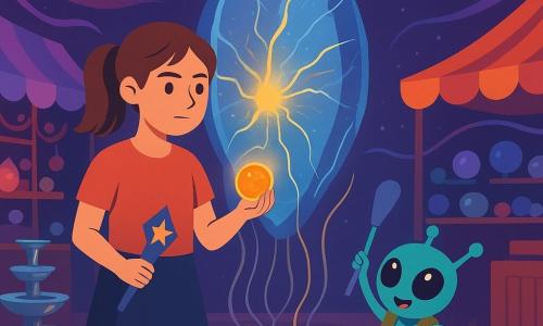 Lina, 12 ans, visage rond, cheveux châtain en queue de cheval, regard curieux, tient un petit galet orange brillant dans une main et un marque-page étoilé dans l'autre, debout sur une dalle lumineuse au centre d’un marché extraterrestre nocturne. À sa droite, Zib, petit extraterrestre bleu-vert aux grands yeux noirs et gilet trop grand, saute d’excitation en brandissant une spatule, tandis qu’au fond se dresse le Noyau de Chant, une coque de cristal en forme d’oreille fissurée irradiant vagues de lumière bleue et dorée. Lina vient d’activer la Note-Gardienne, une pastille translucide lumineuse entre le galet et le noyau : la lumière se propage en ondes et les lampes des stands colorés s’allument, éveillant l’atmosphère magique du marché.