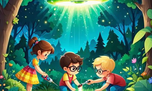 Dans un jardin verdoyant, trois enfants se rassemblent autour d'une soucoupe volante scintillante. Léa, une fille de neuf ans aux cheveux bruns et bouclés, admire l'extraterrestre. Max, également âgé de neuf ans, est concentré sur le moteur de la soucoupe avec un tournevis à la main. Sam, le troisième enfant, sourit en tenant un cristal brillant. Le jardin est rempli de fleurs colorées, et la soucoupe, avec ses lumières clignotantes, brille sous le soleil. Les enfants aident Zog, un extraterrestre vert souriant, à réparer son vaisseau spatial, créant une ambiance d'aventure et de camaraderie.