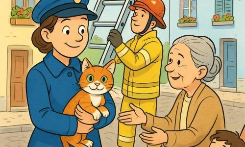Lina, une policière souriante en manteau et casquette bleus, tient contre sa poitrine un chat roux blotti tandis qu'un pompier en tenue jaune installe une grande échelle derrière eux; une dame âgée, reconnaissante, se tient sur le trottoir près d'une maison et un petit garçon, tenant la main de sa mère hors-champ, observe la scène émerveillé; la rue pavée bordée de maisons aux façades pastel sous une lumière dorée du matin crée une ambiance chaleureuse, claire et rassurante.