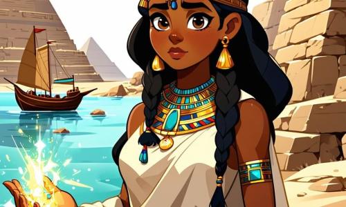 Nouria, une jeune femme aux yeux d’ébène et aux cheveux noirs tressés, se tient au bord du Nil, son visage marqué par l’inquiétude et la détermination. Elle porte une tunique en lin beige ornée de motifs dorés et tient une amulette scintillante. À ses côtés, la grande prêtresse Iset, âgée d’environ cinquante ans, l'observe gravement, vêtue d'une robe longue bleu nuit et tenant un bâton orné de hiéroglyphes. Le décor de la rive du Nil est agrémenté de palmiers et de pyramides majestueuses. Nouria se prépare à plonger dans l'aventure pour comprendre les perturbations du Nil et retrouver le Sphinx des Sables, gardien d’un pouvoir ancien.