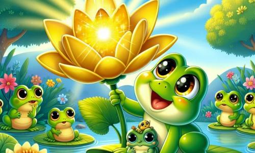 Une petite grenouille verte nommée Fripouille, avec de grands yeux brillants et un sourire joyeux, saute autour d'une fleur dorée qui scintille sous le soleil. La fleur, aux pétales éclatants, semble lui parler amicalement. En arrière-plan, d'autres grenouilles de différentes tailles l'observent, assises sur des feuilles de nénuphar. Le jardin est rempli de fleurs colorées, de grands arbres et d'un ruisseau qui coule doucement. Fripouille découvre la fleur magique qui lui propose de réaliser son rêve de voler, tandis que ses amis l'observent, intrigués par cette rencontre enchantée.