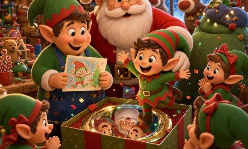 Pipo, petit lutin malicieux en rouge et vert rayé, coiffé d’un chapeau pointu, tient une carte colorée devant une grande boîte cadeau d’où il vient de sauter, confettis autour; à sa gauche le chef-lutin au tablier bleu sourit en tenant la carte, derrière eux le Père Noël rond à moustache blanche pose la main sur l’épaule de Pipo; trois lutins rieurs applaudissent et jouent, deux rennes curieux regardent par la fenêtre; dans l’atelier en bois chaleureux, tables de jouets, rubans, guirlandes et flocons à la vitre, la boîte révèle un grand miroir renvoyant les visages rieurs, ambiance lumineuse et couleurs vives.