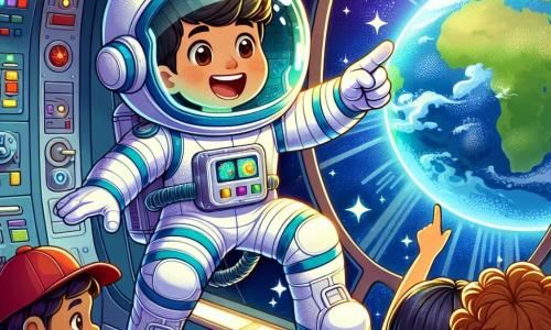 Un astronaute nommé Thomas, souriant et excité, flotte dans son vaisseau spatial. Il porte un costume brillant blanc et bleu, avec un casque transparent. Thomas pointe une grande fenêtre, émerveillé par la vue d'une nouvelle planète colorée. À l'extérieur, des enfants de la Terre, âgés de 8 à 10 ans, regardent avec admiration. Une fille aux cheveux bouclés lève la main pour saluer Thomas, tandis qu'un garçon blond tient un dessin de vaisseau spatial. L'intérieur du vaisseau est rempli de panneaux de contrôle futuristes et d'écrans montrant des étoiles et des galaxies. Thomas partage sa découverte incroyable avec les enfants, qui rêvent d'aventures dans l'espace.