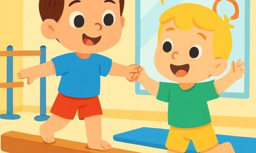 Deux personnages principaux : Lucas, un garçon de 4 ans aux cheveux bruns et yeux pétillants, portant un t-shirt bleu et un short rouge, debout sur une poutre de gymnastique avec un grand sourire. Max, un garçon de 4 ans aux cheveux blonds et yeux clairs, vêtu d'un t-shirt vert et d'un short jaune, est à côté de Lucas, tenant sa main avec enthousiasme, prêt à sauter. La scène se déroule dans une salle de gymnastique spacieuse et lumineuse, avec des tapis colorés et des miroirs. Lucas fait un petit pas sur la poutre avec détermination, tandis que Max l'encourage avec un sourire, créant une atmosphère de joie et d'amitié.