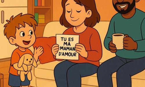 Garçon de 4 ans aux cheveux châtain clair en bataille, chaussettes dépareillées (verte et jaune), visage joyeux tenant un doudou lapin et applaudissant; femme d’environ 30 ans aux cheveux bruns mi-longs, yeux tendres et sourire ému, assise sur un canapé crème tenant contre son cœur un papier plié «TU ES MA MAMAN D’AMOUR»; homme d’environ 30 ans, cheveux courts et barbu, à côté du canapé avec une tasse de café; salon chaleureux en lumière dorée du soir, coussins colorés, frigo avec aimant étoile et post‑it, tapis à motifs, jouets éparpillés et coffre à jouets ouvert; scène de câlin familial et applaudissements discrets, ambiance tendre et joyeuse, couleurs chaudes, contrastes doux et traits arrondis adaptés aux tout‑petits.