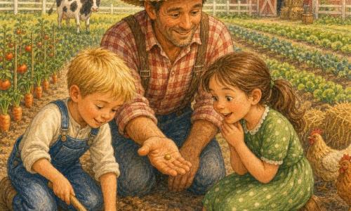 Un fermier souriant au visage buriné, chapeau de paille et chemise à carreaux, montre une petite graine dorée à deux enfants : Emma, 8 ans, robe verte à pois et couettes, agenouillée près d'un sillon, et Tom, 7 ans, salopette en jean, qui creuse avec une pelle en bois; en arrière-plan des rangées de légumes (carottes, tomates, laitues), une petite grange rouge, une clôture blanche, deux poules et une vache, le tout baigné d'une lumière douce de fin de matinée aux couleurs chaudes et textures crayon, traduisant un moment d'apprentissage chaleureux.