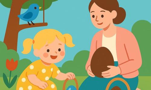 Une fillette de 2 ans aux couettes blondes sourit, porte une robe jaune à pois et un petit panier ; elle est accroupie, émerveillée en ramassant un œuf bleu brillant derrière un buisson vert ; la maman d’environ 30 ans, cheveux châtain attachés et cardigan pastel, est assise à droite sur l’herbe avec un grand panier contenant un œuf en chocolat ; un petit oiseau bleu chante sur une branche à gauche ; jardin lumineux avec pelouse verte, tulipes rouges et blanches, grand arbre à écorce brune et balançoire, et plusieurs œufs colorés (rouge, jaune, vert, violet) cachés parmi les fleurs et sous un buisson, ambiance douce et palette pastel.