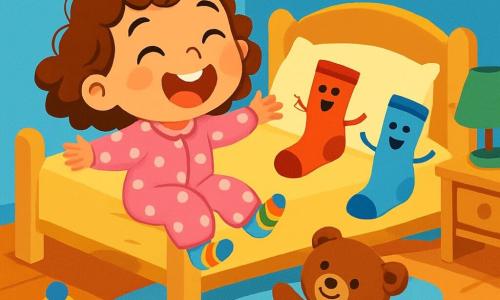 Une petite fille de 2 ans, avec de grands yeux brillants et des cheveux bouclés, rit aux éclats sur son lit. Elle porte un pyjama rose à pois et des chaussettes colorées. À côté d'elle, deux chaussettes, l'une rouge et l'autre bleue, sautent joyeusement. Un doudou en forme d'ours roule sur le sol. La chambre est colorée, avec des murs bleu clair et des étoiles dorées au plafond. Un tapis en forme de nuage est au sol, et des jouets sont éparpillés. La petite fille danse avec ses amis, dans une ambiance joyeuse, prête pour une nuit de rêves enchantés.