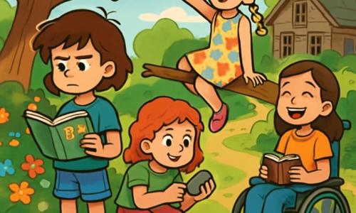 Quatre enfants sont présents : Léa, une fille de 10 ans aux cheveux bruns en bataille, tient un cahier de mathématiques et un crayon. Clara, 9 ans, avec des cheveux blonds tressés, est perchée sur une branche, souriant et pointant vers le ciel. Sophie, 10 ans, aux boucles rousses, examine une pierre avec curiosité. Emma, 11 ans, aux cheveux châtains, est assise dans une chaise roulante décorée de stickers, tenant un petit carnet. L'histoire se déroule dans un jardin ensoleillé, rempli de fleurs colorées et d'arbres, avec une maison abandonnée en arrière-plan. Les amis cherchent un trésor caché, riant et s'encourageant, tandis qu'un mystérieux carnet est posé sur l'herbe, promettant des aventures.