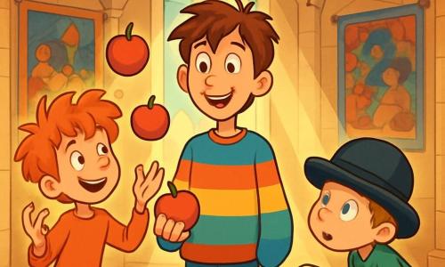 Il y a trois personnages : Arthur, un garçon de 10 ans, grand et mince, avec des cheveux bruns en bataille et un pull large aux couleurs vives, souriant et tenant une pomme ; Léon, un garçon de 9 ans avec des cheveux roux indomptés, jonglant avec des pommes flottantes à gauche d'Arthur ; et Max, un garçon de 8 ans, petit et mignon, portant un chapeau melon trop grand, penché à droite d'Arthur avec un regard curieux. L'action se déroule dans la Grande Salle d'un château féerique, décorée de tapisseries colorées et avec un grand fromage doré au centre, illuminé par des rayons de lumière. Les garçons sont émerveillés devant le Grand Fromage qui leur parle, réalisant qu'ils vivent une aventure incroyable, prêts à découvrir le pouvoir de l'amitié et de l'imagination.