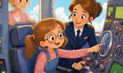 Zoé, 6 ans, émerveillée, cheveux châtain clair en couettes et lunettes rondes, touche un grand cadran du poste de pilotage tandis que sa tante Marie, pilote d'une trentaine d'années en uniforme bleu marine à épaulettes dorées, souriante, lui montre un levier; la mère, ~35 ans, cheveux blonds attachés, observe fièrement depuis l'encadrement de la porte, mains sur le rebord; le cockpit, compact, est rempli de boutons colorés, cadrans brillants, écrans verts et leviers métalliques, le hublot laisse voir un ciel bleu parsemé de nuages; scène chaleureuse et pastel, traits ronds et expressions douces, première découverte des commandes sous supervision aimante.