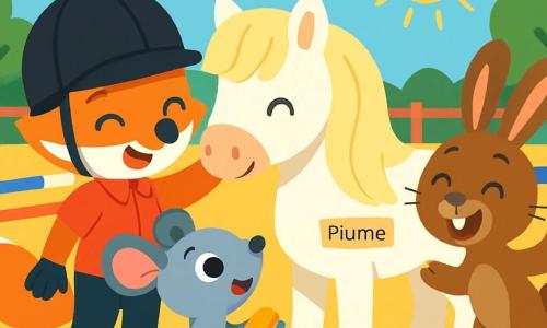 Un petit renard joyeux, au pelage roux éclatant et aux yeux pétillants, porte un casque de cheval et des bottes brillantes. Il caresse son poney blanc nommé Plume, qui a une crinière soyeuse et des yeux doux, tout en souriant. À côté, Lili la souris, avec son pelage gris et ses grandes oreilles, admire la scène avec une petite brosse pour poney. Gabin le lapin, au pelage brun, saute joyeusement autour d'eux, plein d'énergie. La scène se déroule dans un club d’équitation ensoleillé, avec une carrière de sable doré et des arbres verdoyants en arrière-plan. Petit Renard et ses amis s’entraînent ensemble, partageant rires et joie, illustrant l’esprit d’équipe et l’amitié dans le sport.