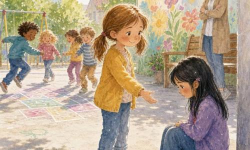 Zoé, 6 ans, visage rond, taches de rousseur, cheveux châtain clair en couettes, sourit timidement et tend la main pour inviter; Julie, environ 6 ans, cheveux noirs lisses, timide et un peu triste, est assise seule au bord du préau, regard baissé, prête à accepter; en arrière-plan, un groupe mixte d'enfants (5–7 ans) joue à la marelle, rires et vêtements colorés; la maîtresse (30–40 ans) est souriante et attentive près d'un banc; cour de récréation avec sol en béton clair, dessins à la craie, balançoires, fresque murale et arbres; moment chaleureux de début d'après‑midi, lumière douce, ambiance d'inclusion.