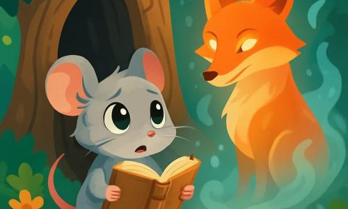 Une petite souris nommée Plume, au pelage gris clair et aux grands yeux curieux, se tient devant un vieux chêne creux, tenant un livre ancien. Elle semble émerveillée et inquiète. À ses côtés, une ombre magique prend la forme d'un renard élégant, Luminor, qui l'observe avec bienveillance. La scène se déroule dans une forêt enchantée, baignée de lumière, avec des fleurs colorées et une brume argentée, créant une atmosphère mystérieuse. Plume s'apprête à lire une histoire à voix haute, encouragée par le regard complice de Luminor.