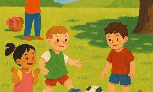 Léo, 4 ans, visage rond, cheveux châtain clair courts, porte une chasuble verte trop grande et des baskets bleues; il fait une passe du pied à Tom, ~5 ans, cheveux bruns en bataille, timide puis souriant, qui pousse le ballon vers un mini-but formé de deux plots orange; Inès, ~4 ans, queue de cheval noire, chasuble rose, applaudit en sautillant à gauche du but; l'entraîneuse Nadia, 30–40 ans, cheveux attachés, sourit et lève les bras en encouragement près d'un panier de chasubles; décor : parc ensoleillé avec pelouse texturée, ombre d'un grand arbre, ballon blanc et noir, lignes de jeu suggérées; scène : petit match amical, passes, soutien et joie collective, style gouache aux traits épais.