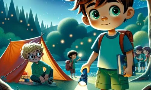 Un garçon de 12 ans, Thomas, se tient au bord d'un campement de tentes, avec une expression curieuse et nerveuse. Il a des cheveux bruns en bataille, des yeux pétillants et porte un t-shirt bleu et un short vert. Il tient une lampe de poche qui éclaire timidement le sol. À côté de lui, son ami Lucas, également 12 ans, a des cheveux blonds et des lunettes rondes. Il sourit à Thomas tout en tenant un livre sur les étoiles. Ils sont près d'une tente colorée, entourés de camarades qui s'installent pour la nuit dans un parc verdoyant, éclairé par la lune et peuplé de lucioles. Thomas, hésitant mais déterminé, est prêt à affronter sa peur du noir, encouragé par ses amis à explorer la nuit étoilée.