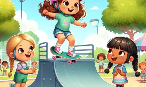 Au premier plan, Mia, une petite fille de trois ans aux cheveux bruns bouclés et au sourire éclatant, saute sur sa planche de skateboard, les bras levés. À sa droite, Lila, avec des cheveux blonds tressés, applaudit en portant un casque rose et une tenue colorée. À gauche, Zoe, aux cheveux noirs et lisses, observe avec admiration, prête à essayer son propre saut. Le parc animé en arrière-plan présente une rampe de skate brillante et des arbres verdoyants, sous un ciel dégagé et ensoleillé. Les trois amies s'entraînent ensemble, riant et s'encourageant, prêtes pour une compétition de skateboard.