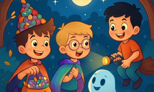 Trois personnages se tiennent dans une clairière enchantée : Jules, un garçon de 10 ans avec des cheveux bruns en bataille et un chapeau pointu en bonbons, Léo, un garçon de 9 ans avec des cheveux blonds et des lunettes, vêtu d'une cape scintillante, et Max, un garçon de 10 ans avec des cheveux noirs, souriant sur un balai vibrant. Ils viennent de rencontrer Gaston, un fantôme amical qui leur a posé une énigme pour obtenir des bonbons magiques. Excités et concentrés, ils sont prêts à résoudre l'énigme dans une atmosphère mystérieuse, entourés d'arbres noueux et de feuilles dorées sous la lumière de la lune.