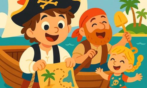 Un jeune pirate aux cheveux bruns et en désordre, souriant, se tient sur le pont d'un bateau en bois. Il porte un chapeau noir avec une plume rouge et une chemise blanche à manches bouffantes. Il tient une corde, les yeux brillants d'excitation. À ses côtés, un marin gai d'environ 30 ans, avec une barbe rousse, chante en ramant. Il est vêtu d'un gilet en cuir et d'un bandana rouge. Derrière eux, une jeune fille de 10 ans aux cheveux blonds tressés danse joyeusement avec une pelle dorée, portant une robe colorée à motifs de pirates. Le bateau navigue sur une mer turquoise, avec des vagues douces et des mouettes. Au loin, une île verdoyante est visible. L'équipage découvre une carte au trésor, souriant et prêt pour une nouvelle aventure.