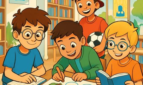 Quatre personnages sont présents : Noah, un garçon de 12 ans aux cheveux bruns en bataille et lunettes rondes, portant un t-shirt bleu et un pantalon beige, assis sur une chaise avec un carnet ouvert et un sourire déterminé ; Milan, également âgé de 12 ans, avec des cheveux noirs et une casquette rouge, debout avec un ballon de foot sous le bras et un regard amical ; Samir, 12 ans, aux cheveux courts et en veste verte, penché sur une table en dessinant avec des feutres colorés, l'air concentré ; et Théo, 12 ans, avec des cheveux blonds et des lunettes carrées, assis à côté de Noah, tenant un livre ouvert avec un sourire curieux. L'action se déroule dans une grande salle lumineuse de médiathèque, avec des murs blancs, des étagères remplies de livres colorés et de grandes fenêtres laissant entrer la lumière. Les enfants travaillent ensemble sur une affiche représentant des cabanes reliées par un pont, entourées de bulles de texte sur la séparation et le sentiment de chez-soi dans deux maisons. L'atmosphère est joyeuse et créative, remplie de rires et de camaraderie.