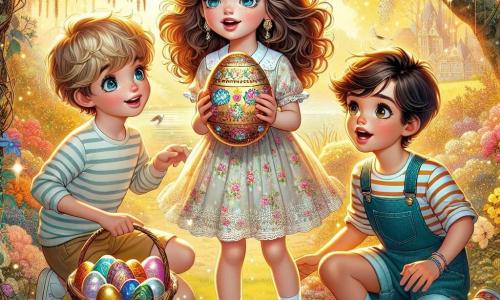 Lila, une fillette de 12 ans aux cheveux bruns et bouclés, se tient au centre de l'image, tenant un œuf brillant décoré de motifs colorés. Elle porte une robe légère à fleurs et un panier en osier rempli d'œufs en chocolat. À côté d'elle, Tom, un garçon de 11 ans aux cheveux blonds, sourit et s'apprête à s'approcher pour voir l'œuf. Clara, une amie de 10 ans avec des cheveux longs, s'accroupit près d'eux, fascinée par l'œuf. Le décor est un jardin fleuri, baigné de lumière dorée, avec une rivière scintillante en arrière-plan. Lila découvre un œuf mystérieux, entourée de ses amis, prêts pour une aventure pleine de surprises.
